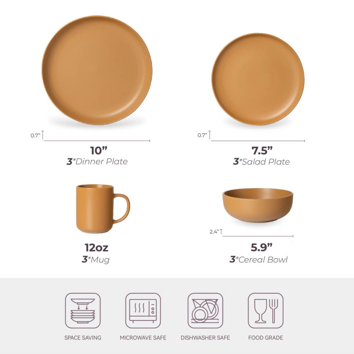 Set of brown ceramic plates, mug, and bowl with measurements and safety icons on a white background
