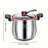Stainless steel pressure cooker with dimensions on a white background