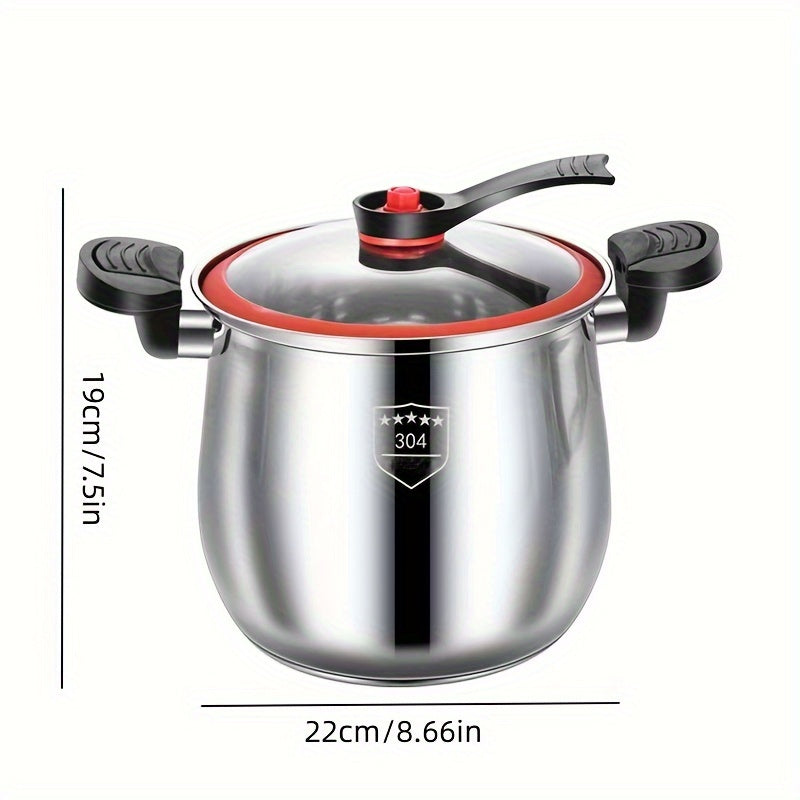 Stainless steel pressure cooker with dimensions on a white background