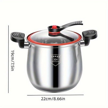 Stainless steel pressure cooker with dimensions on a white background