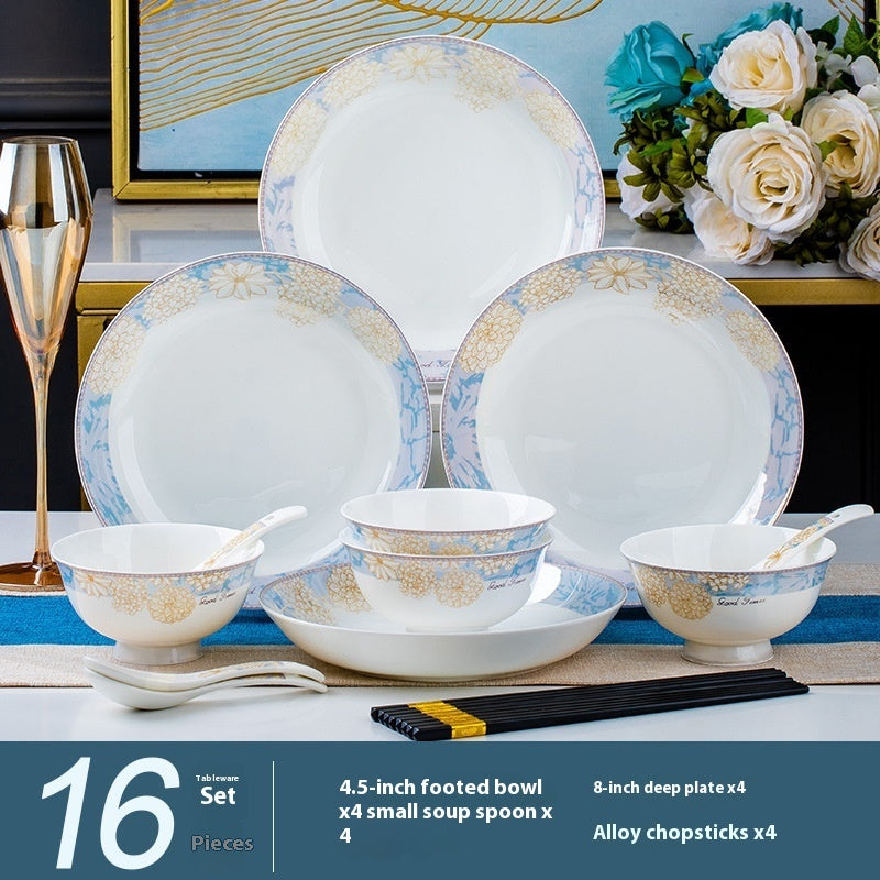Elegant 16-Piece New Bone China Dinnerware Set with Chopsticks & Glazed Finish
