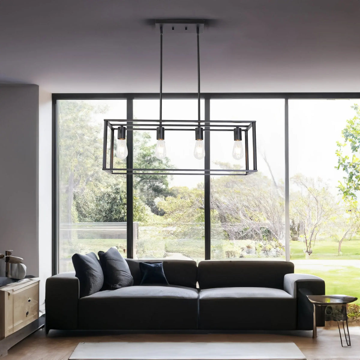 Pendant Lighting 4 Light Industrial Vintage Open Frame Rectangle Chandeliers Modern Black Linear Cage Ceiling Light Fixture - Julia M LifeStyles