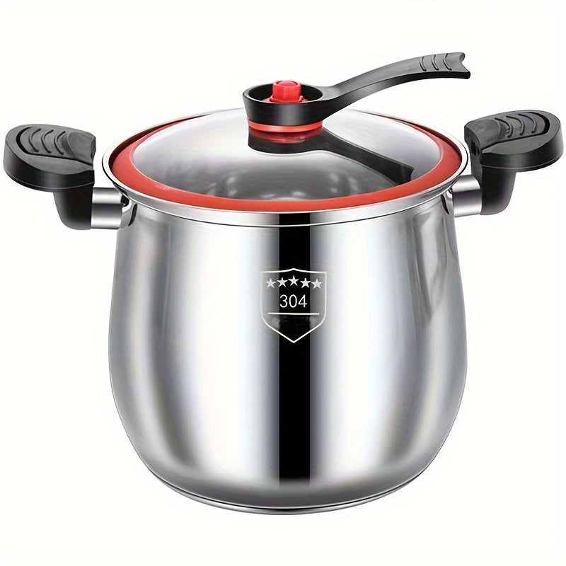 Stainless steel pressure cooker with a glass lid on a white background