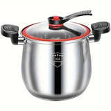 Stainless steel pressure cooker with a glass lid on a white background