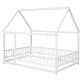 Full Size Floor Wooden Bed with House Roof Frame, Fence Guardrails ,White