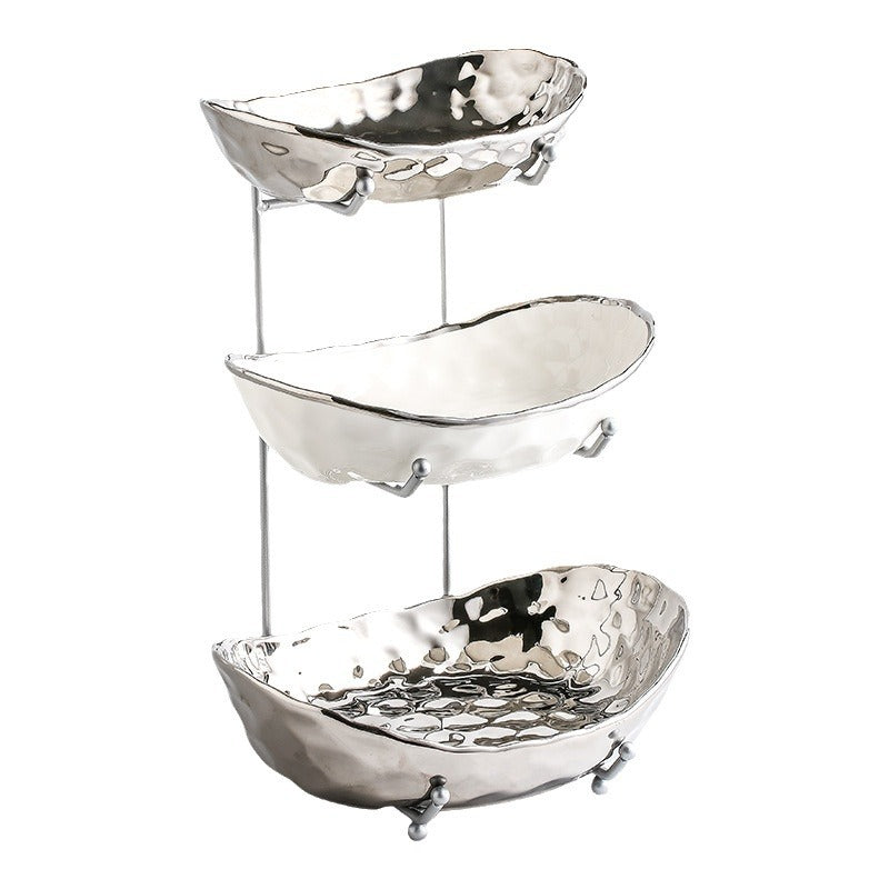 Multi-Layer Light Luxury Ceramic Fruit Tray with Electroplated Gold or Silver Frame