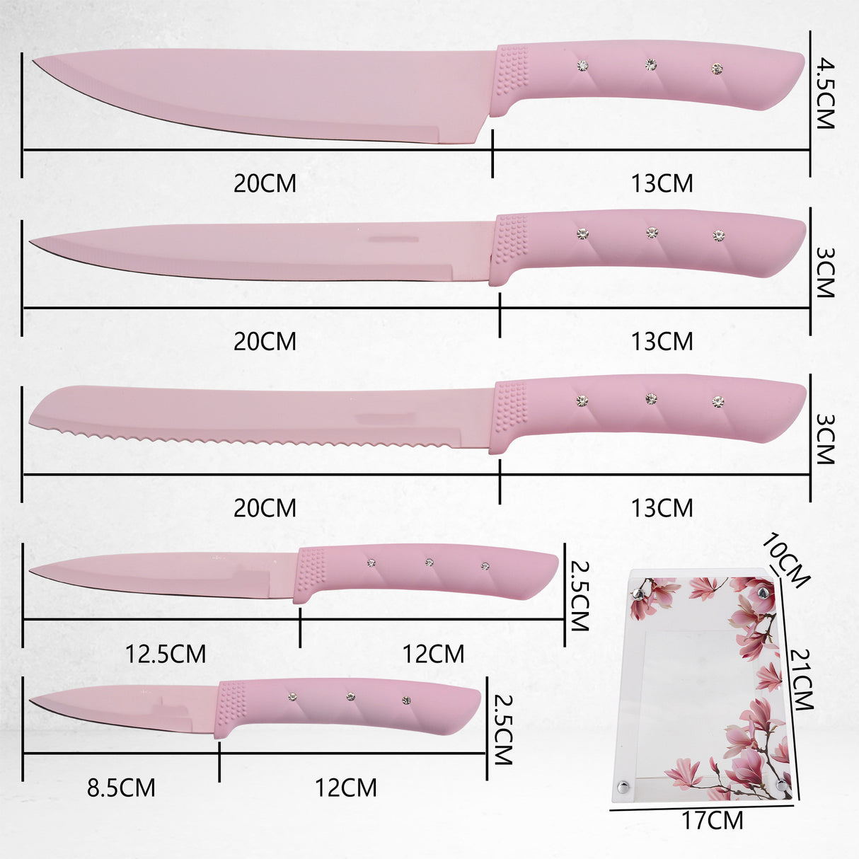 Elegant Pink Stainless Steel Chef's and Bread Knife Set