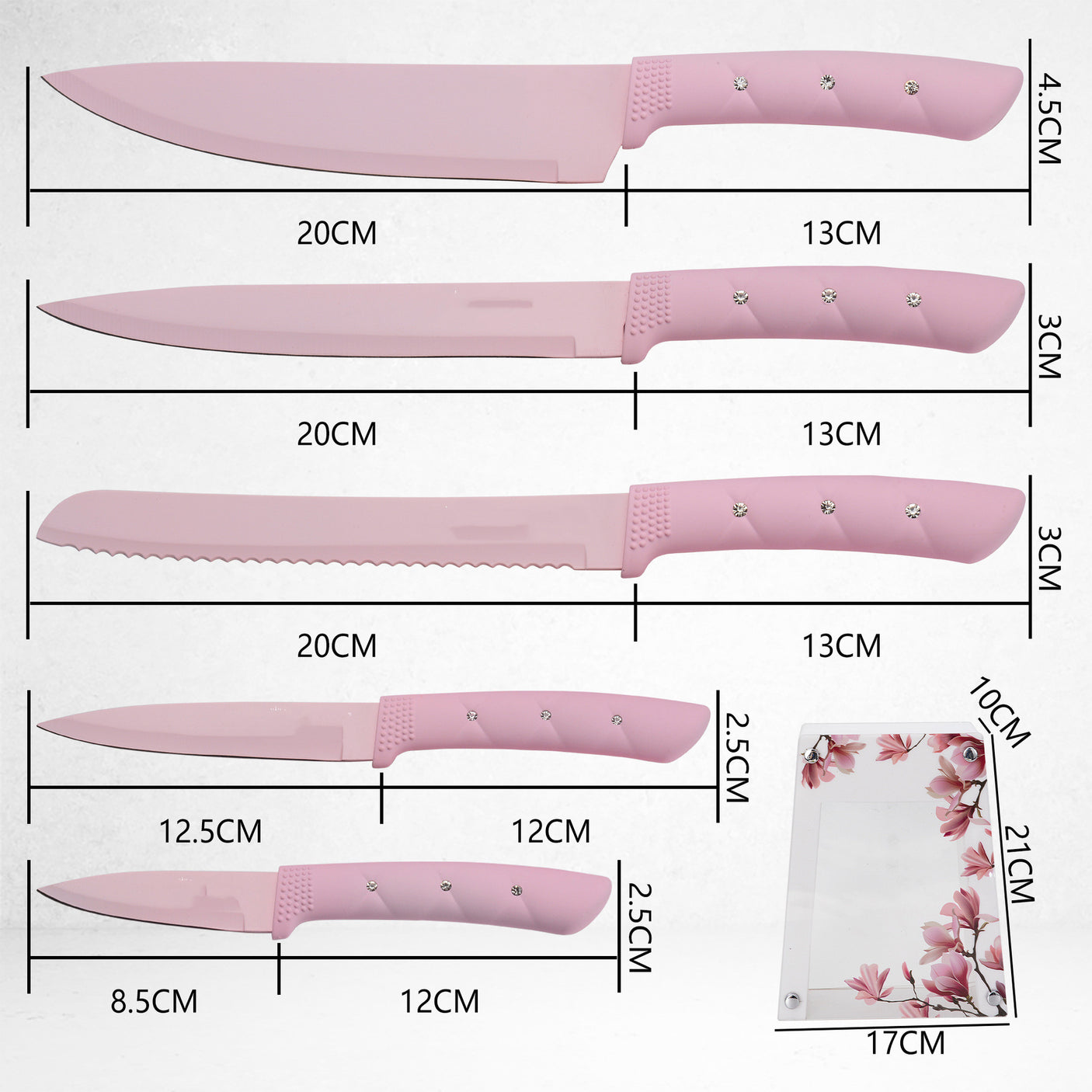 Elegant Pink Stainless Steel Chef's and Bread Knife Set