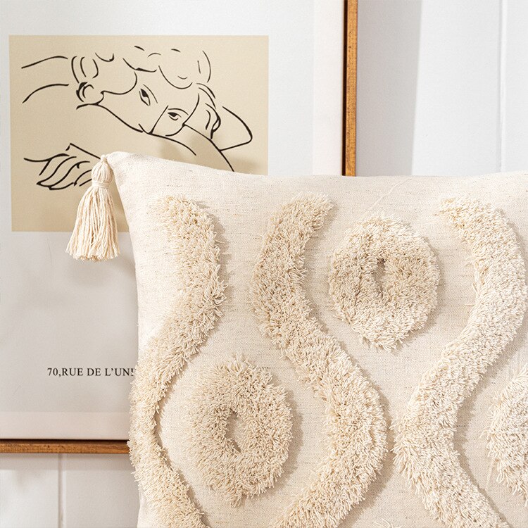 Tassels Cushion Cover 45x45cm - Beige and White Boho Decor - Julia M LifeStyles