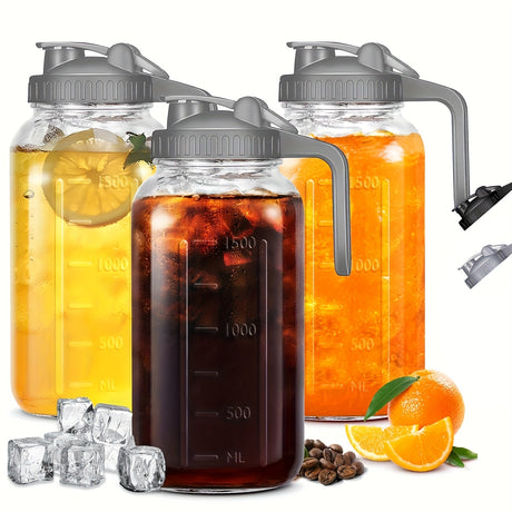 [Lead-Free Glass Bottles] 3pcs 64oz Thick Lead-Free Glass Cold Brew Water Bottles | Airtight Leak-Proof Lids, Measurement Markings & Handle - Mason Jar for Iced Coffee, Tea, Family Gatherings, Refrigerator Storage (Black/Gray