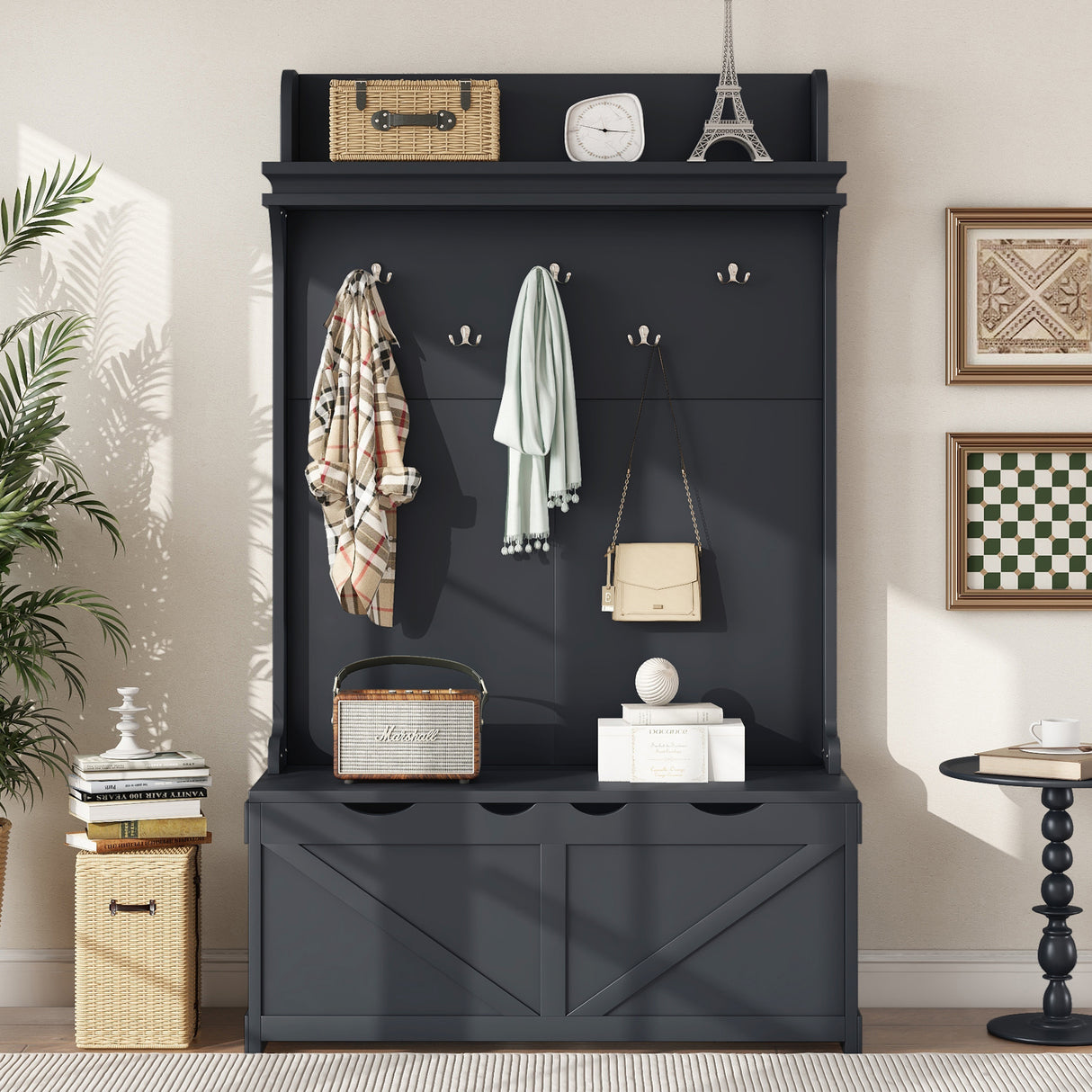 Hall tree with storage desk, entrance desk with drawers and 5 hooks, display rack, dark blue