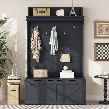 Hall tree with storage desk, entrance desk with drawers and 5 hooks, display rack, dark blue