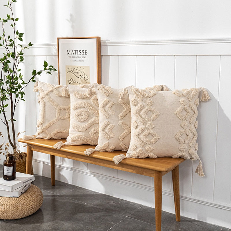 Tassels Cushion Cover 45x45cm - Beige and White Boho Decor - Julia M LifeStyles