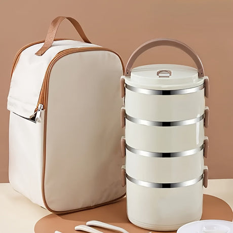 1 Set Of Stainless Steel 4 Layer Lunch Box With Lid With Complementary Bag & Cutlery Large Capacity Storage Bucket, For Camping, Picnic, School, Office, And Outdoor Adventures Julia M Home & Kitchen