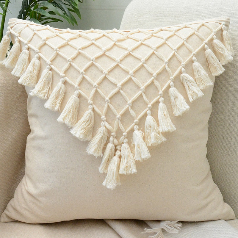 Tassels Cushion Cover 45x45cm - Beige and White Boho Decor - Julia M LifeStyles