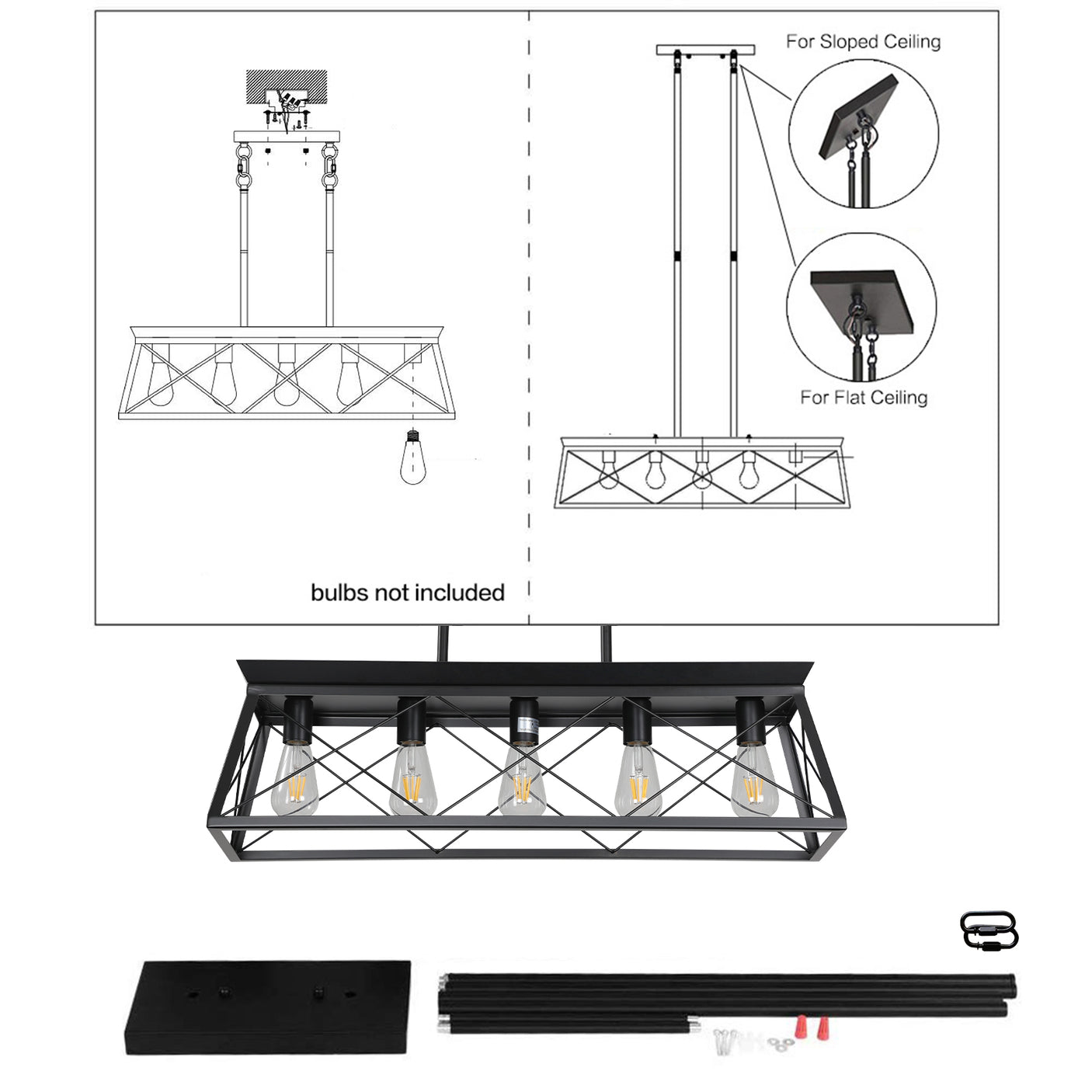 5-light farmhouse pendant light, metal pendant light island fixture, modern rectangular island light, pure black (no bulb) - Julia M LifeStyles