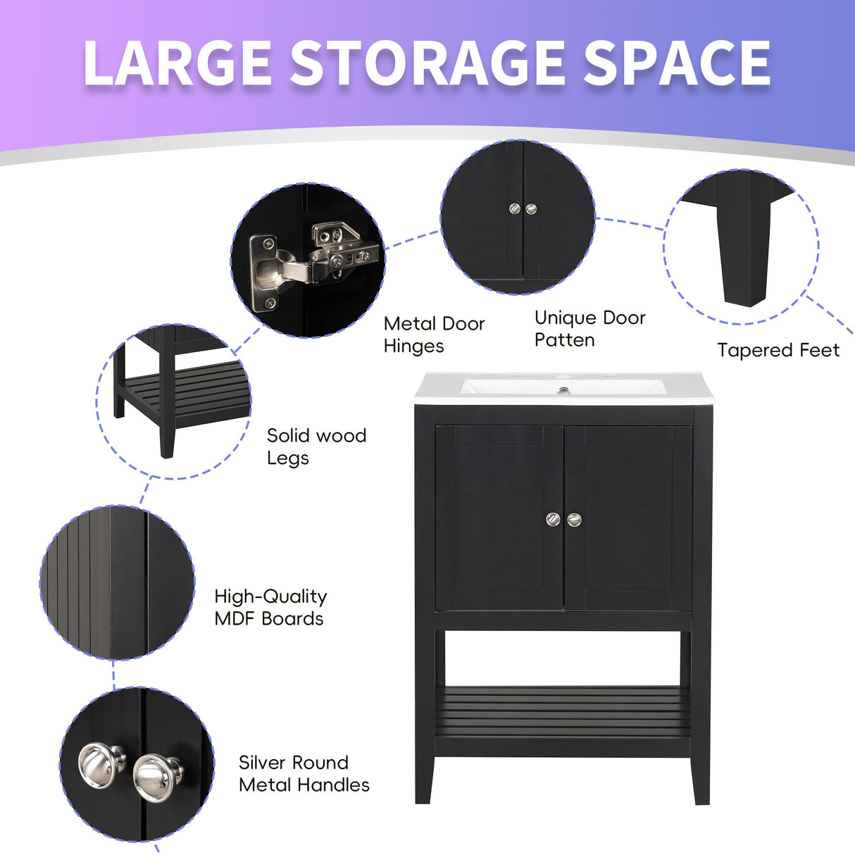 24" Black Modern Sleek Bathroom Vanity Elegant Ceramic Sink with Solid Wood Frame Open Style Shelf