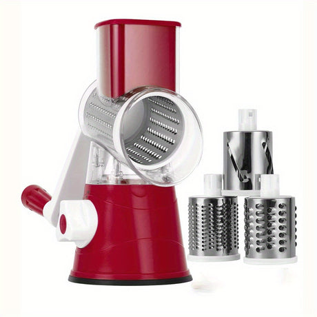 Rotary Cheese Grater and Vegetable Slicer - Kitchen Mandoline with 3 Interchangeable Blades, Easy-to-Clean for Fruits, Potatoes, Carrots, Nuts