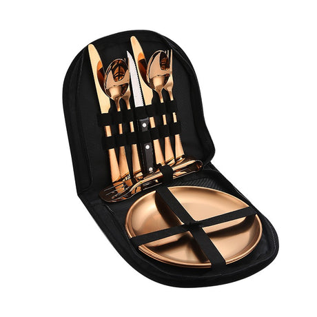 Stainless Steel Tableware Outdoor Camping Western Style Steak Knife Fork Spoon Dinner Plate Set Portable Cloth Bag Set