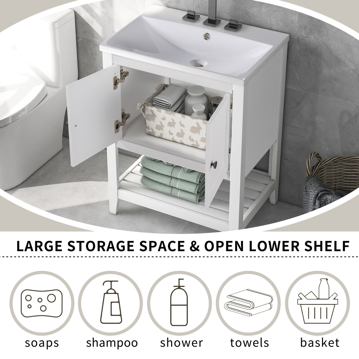 24" White Modern Sleek Bathroom Vanity Elegant Ceramic Sink with Solid Wood Frame Open Style Shelf Julia M Home & Kitchen