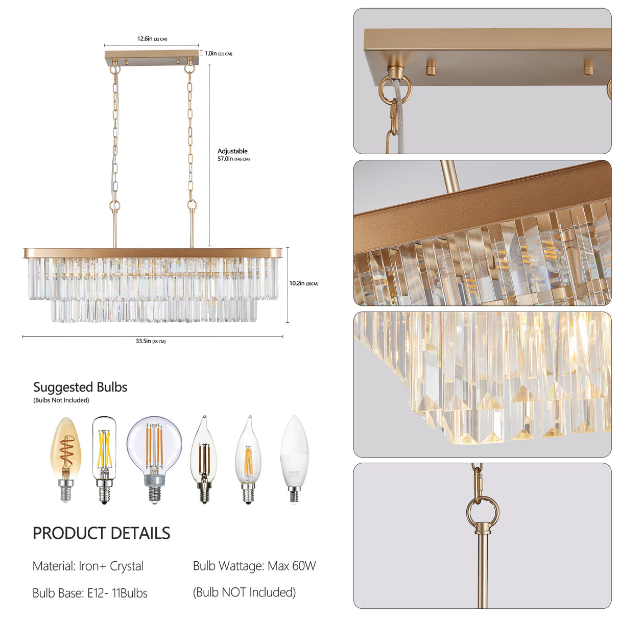 Chandeliers,Rectangular Crystal Chandelier Adjustable,E12 Modern Industrial Crystal Lights (Bulb Not Included)