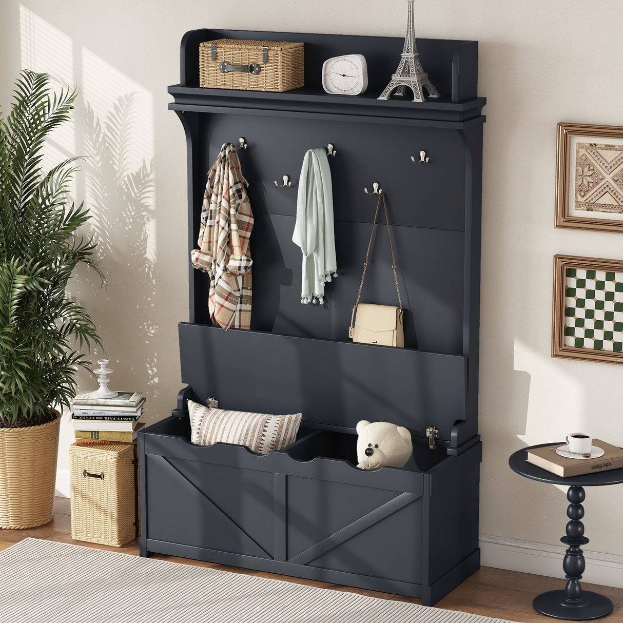 Hall tree with storage desk, entrance desk with drawers and 5 hooks, display rack, dark blue