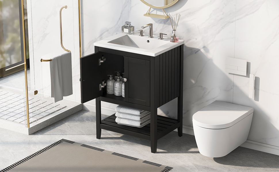 24" Black Modern Sleek Bathroom Vanity Elegant Ceramic Sink with Solid Wood Frame Open Style Shelf