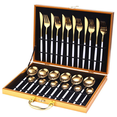 24pcs Gold Dinnerware Set Stainless Steel Tableware Set Knife Fork Spoon Luxury Cutlery Set Gift Box