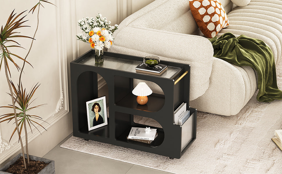 Stylish mobile desk with lockable wheels,bedside table with 5mm thick grooved tempered glass and gold round bars ，black Julia M Home & Kitchen