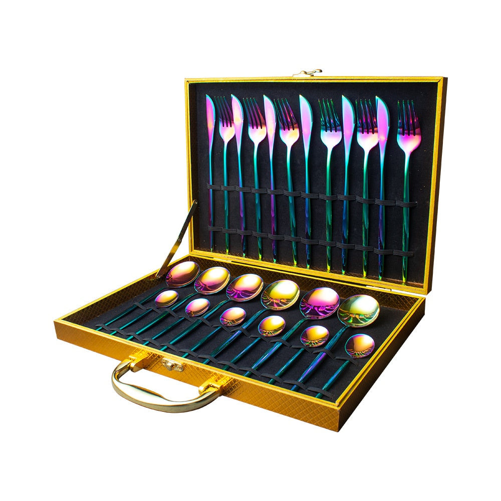 24pcs Gold Dinnerware Set Stainless Steel Tableware Set Knife Fork Spoon Luxury Cutlery Set Gift Box Julia M Home & Kitchen