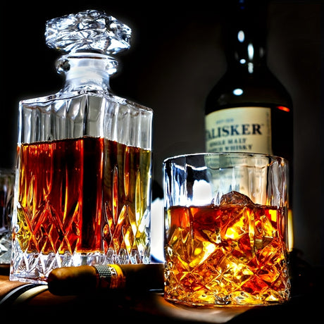 7pcs, Wine Glass Set, Glass Whiskey Decanter And Whiskey Glasses Set, Decanter With 6 Double Layered Vintage Glasses, Lead Free Whiskey Glassware, Accessories, Bar Supplies - Julia M LifeStyles
