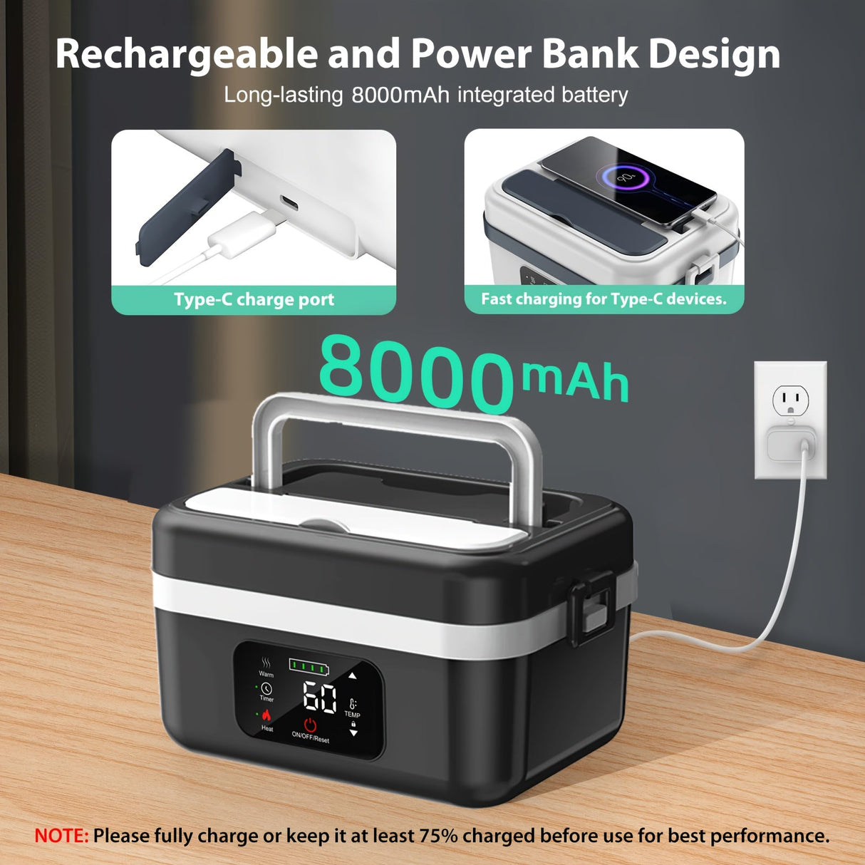 Wireless Electric Insulated Lunch Box - Built-in 8000mAh Battery, 60W Heating Lunch Box 33.81oz Stainless Steel Portable Food Heater, Can Be Used As A Power Bank To Charge Mobile Phones, Suitable For Travel, Cars, Truck Drive Julia M LifeStyles