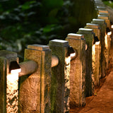 Row of stone garden lights along a pathway with greenery in the background