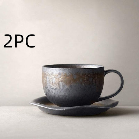 Vintage stoneware coffee cup made of pottery with rustic design and care instructions