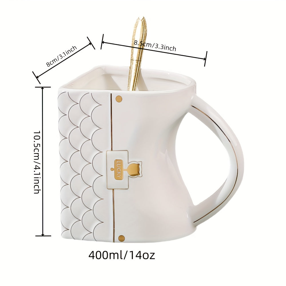 1pc, Unique Handbag-Shaped Ceramic Mug with Spoon - Reusable, Freezer Safe, BPA-Free, Graphic Pattern, Multipurpose Office Home Coffee Cup for Teenagers - Perfect for Christmas, Graduation, Halloween, Mothers Day, Thanksgivin