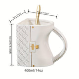 1pc, Unique Handbag-Shaped Ceramic Mug with Spoon - Reusable, Freezer Safe, BPA-Free, Graphic Pattern, Multipurpose Office Home Coffee Cup for Teenagers - Perfect for Christmas, Graduation, Halloween, Mothers Day, Thanksgivin