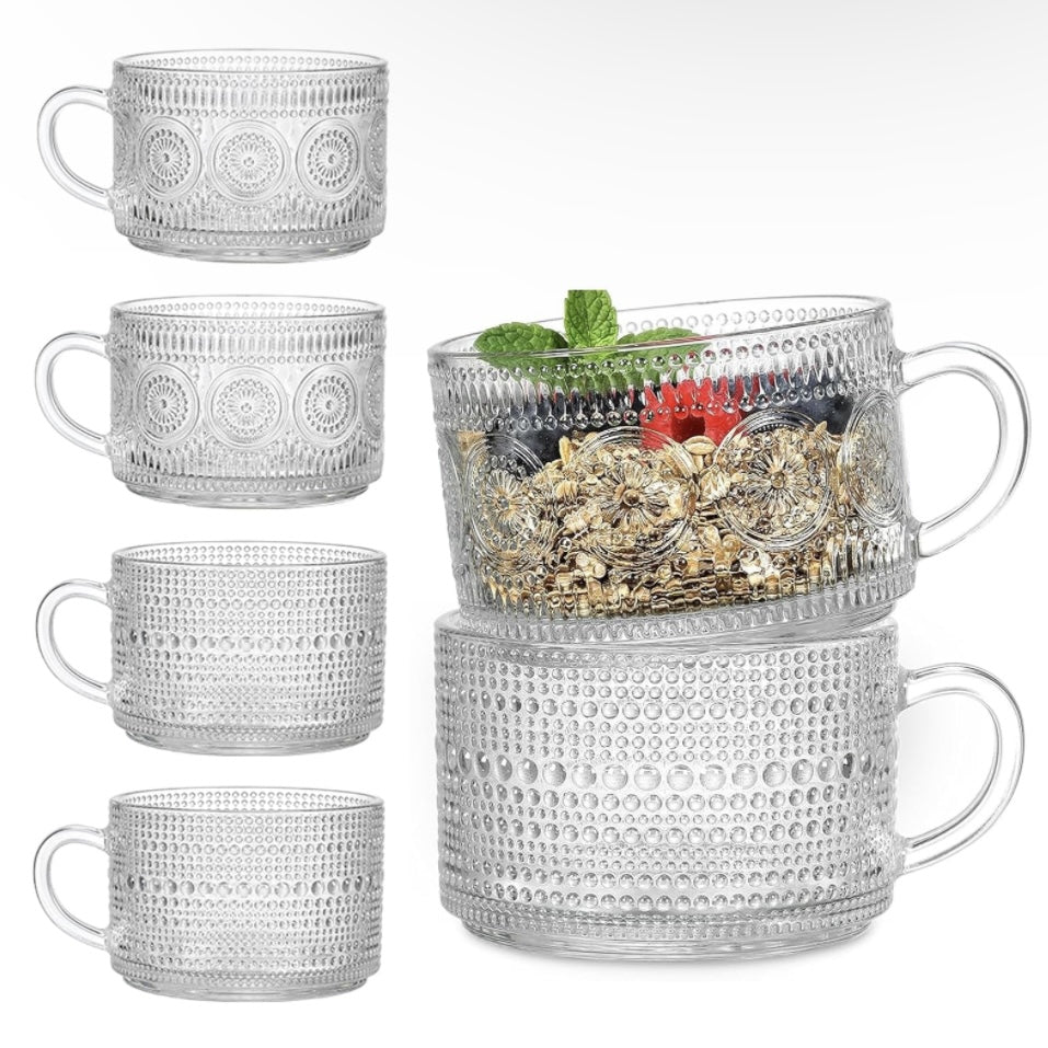 Vintage 14 Oz Embossed Glass Coffee and Tea Mugs