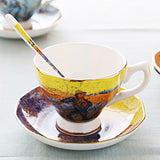 British Luxe Saucer and Spoon Afternoon Tea Cup with Van Gogh Oil Painting Design, Bone China Coffee Cup, Creative Souvenir Ceramic Mug