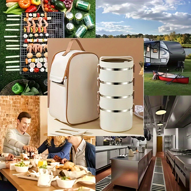 1 Set Of Stainless Steel 4 Layer Lunch Box With Lid With Complementary Bag & Cutlery Large Capacity Storage Bucket, For Camping, Picnic, School, Office, And Outdoor Adventures Julia M Home & Kitchen