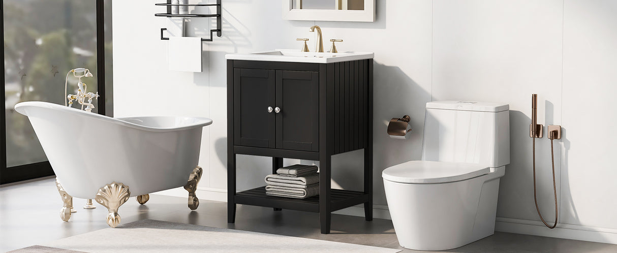 24" Black Modern Sleek Bathroom Vanity Elegant Ceramic Sink with Solid Wood Frame Open Style Shelf