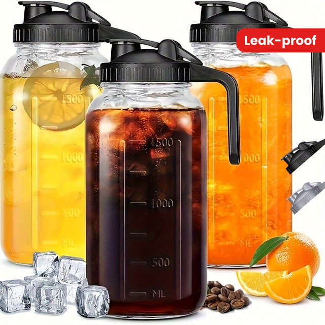 [Lead-Free Glass Bottles] 3pcs 64oz Thick Lead-Free Glass Cold Brew Water Bottles | Airtight Leak-Proof Lids, Measurement Markings & Handle - Mason Jar for Iced Coffee, Tea, Family Gatherings, Refrigerator Storage (Black/Gray - Julia M LifeStyles