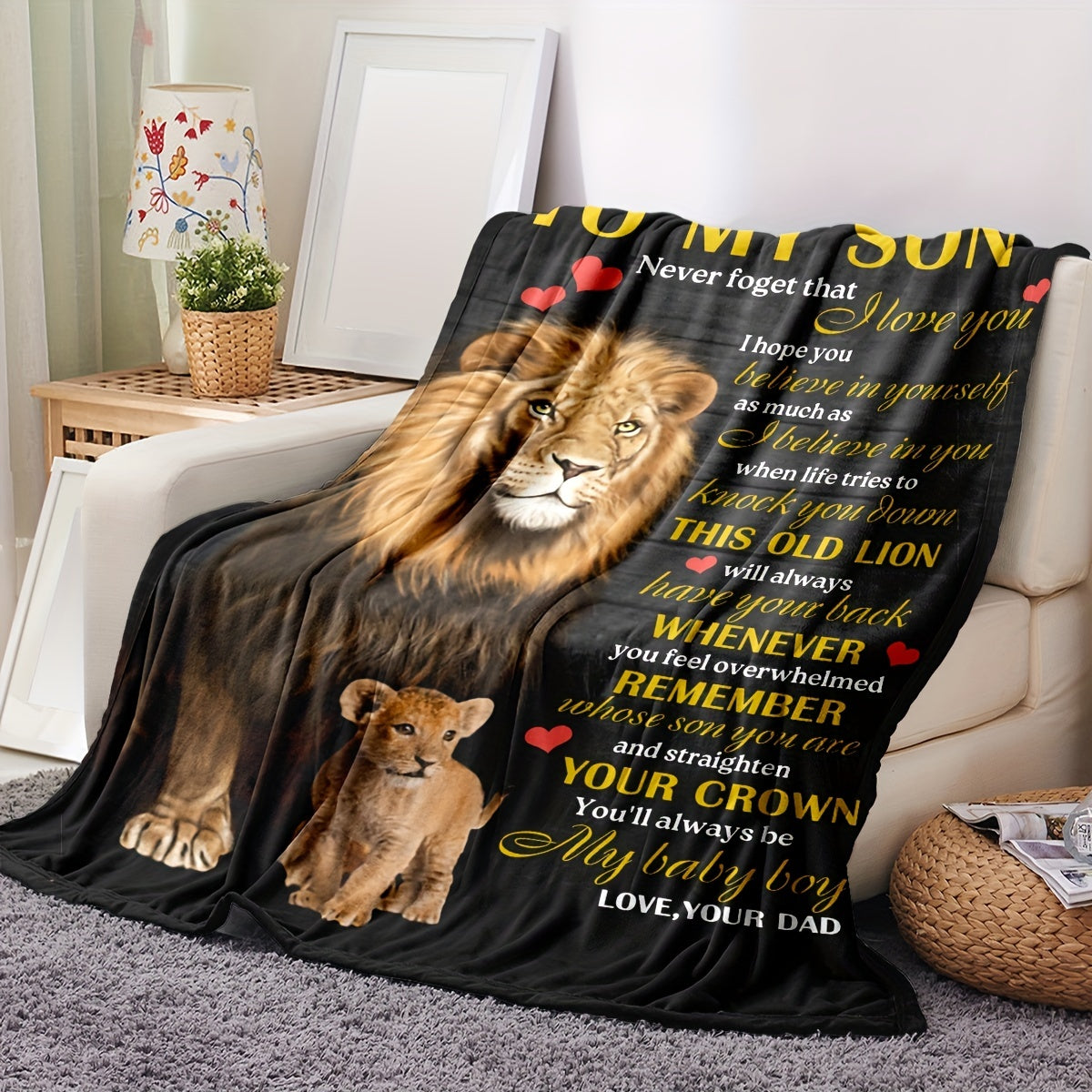 1pc Cozy Lion Printed Flannel Blanket - Soft, Warm, and Envelope-Style Throw Blanket for All Seasons, Perfect for Couch, Bed, Sofa, Office, Camping, Travel, and Home Decor, Ideal Holiday Gift for Son from Dad