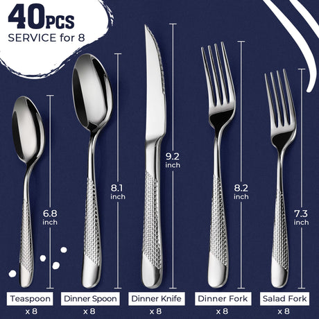 [Steel Flatware] 40pcs Stainless Steel Flatware Utensil Set | Ultra Sharp 2-IN-1 Serrated Knife, Modern Hammered Silverware Set For 8, Mirror Polished, Dishwasher Safe Julia M LifeStyles