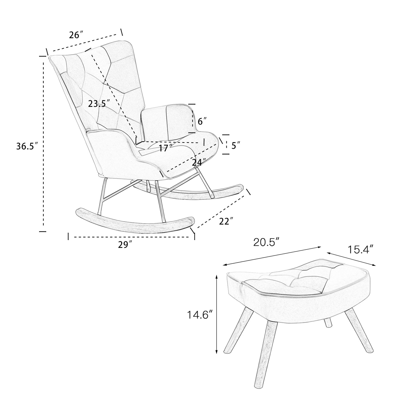Rocking Chair with ottoman, Mid Century Fabric Rocker Chair with Wood Legs and Patchwork Linen for Livingroom Bedroom - Julia M LifeStyles