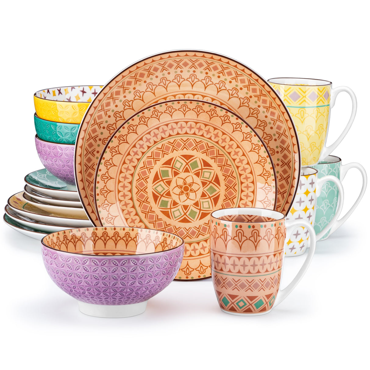 Japanese Style Porcelain Dinnerware Set - 16 Pcs for 4, Microwave & Dishwasher Safe