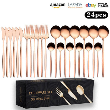 Cutlery Set Stainless Steel Knife Fork Set 24-Piece Tableware Set Golden Steak Knife Fork Spoon 6-Person Set eprolo