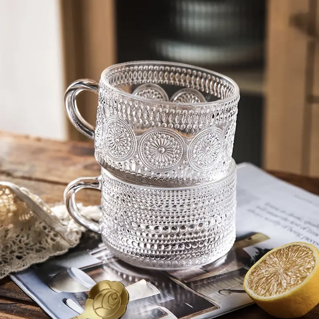 Vintage 14 Oz Embossed Glass Coffee and Tea Mugs