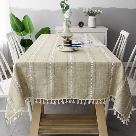 Nordic Christmas Table Cloth Hollow Tassel Table Cloth Solid Color Long Stripe Jacquard Table Cloth Tea Table Mat Cotton Linen