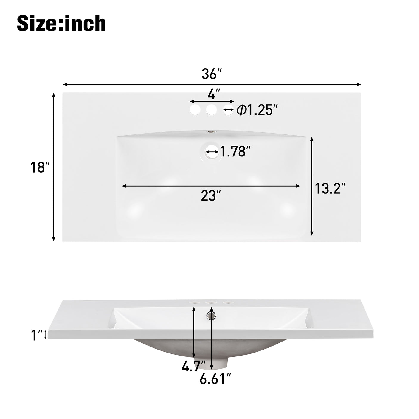 36" Single Bathroom Basin Sink, Vanity Top Only, 3-Faucet Holes, Resin - Julia M LifeStyles