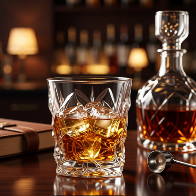 Rotating crystal glass whiskey cup with ice-patterned design and 290ml capacity